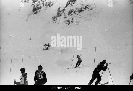 Zakopane, 1948-02-02. Mistrzostwa Polski Juniorów w konkurencjach narcskich. W najwiêkszej po wojnie imprezie sportowej uczestniczy³o ponad 650 zawodników. PAP. Slalom. NZ. po/gr Zakopane, 2 febbraio 1948. Campionati polacchi junior in eventi sciistici. Il più grande evento sportivo dopo la guerra ha attirato oltre 650 concorrenti. Nella foto: Slalom. po/gr PAP Foto Stock