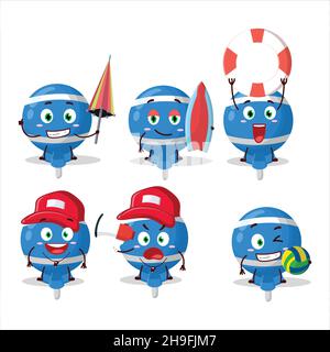 Happy Face blu lolipop avvolto personaggio cartoon giocando su una spiaggia. Illustrazione vettoriale Illustrazione Vettoriale