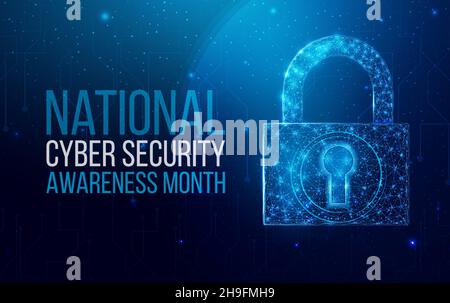 National Cyber Security Awareness Month. Lucchetto poligonale a reticolo con mappa globo. Sicurezza informatica, concetto di protezione mondiale con polylo basso brillante Illustrazione Vettoriale