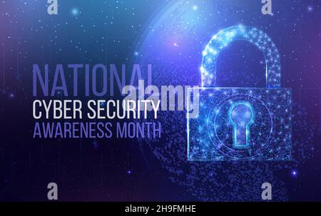 National Cyber Security Awareness Month. Lucchetto poligonale a reticolo con mappa globo. Sicurezza informatica, concetto di protezione mondiale con polylo basso brillante Illustrazione Vettoriale