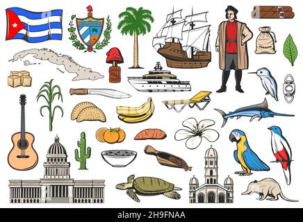 Cuba icone di viaggio, Havana luoghi di interesse turistico e attrazioni caraibiche, vettore. Bandiera e mappa di Cuba, resort sulla spiaggia, attrazioni turistiche e simboli di Illustrazione Vettoriale