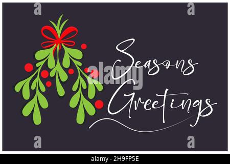Seasons Greetings calligrafia bianca su sfondo scuro festivo con mazzo natalizio e neve. Ottimo per biglietti per le vacanze, striscioni, ecc - Vector EPS Illustrazione Vettoriale