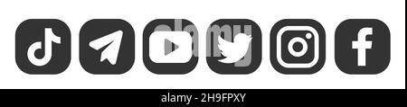 Round social media logo collection: Facebook, TikTok, instagram, twitter, youtube, telegramma, linkedin, snapchat, periscope, vimeo. Foto Stock