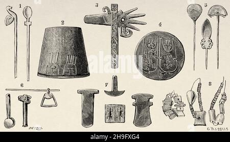 I popoli primitivi, cimiteri preistorici dell'Argentina. 1.5 Pins di mantises o acconciature. 2 campanello. 3 scettro. 4 piastra sonora. 6 punti metallici. 7 assi di bronzo e palco pettorale. 8 collane. Antica illustrazione del 19 ° secolo inciso da la Nature 1897 Foto Stock