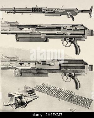 Pistola automatica Hotchkiss. Antica illustrazione del 19 ° secolo inciso da la Nature 1897 Foto Stock