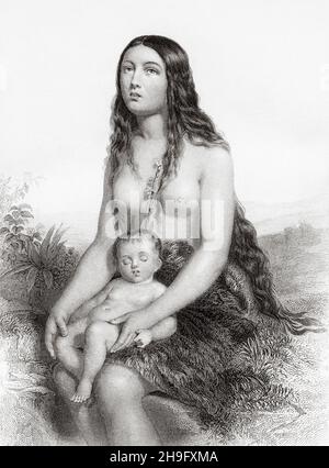 EVA con il suo primo bambino Caino. Donne della bibbia. Antica illustrazione del XIX secolo incisa da Mugeres de la Biblia di Joaquin Roca y Cornet 1862 Foto Stock