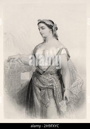 Ester (nato Hadassah) era una donna nella Bibbia ebraica, la regina di Ahasuero e l'eroina del Libro Biblico di Ester. Antica illustrazione del XIX secolo incisa da Mugeres de la Biblia di Joaquin Roca y Cornet 1862 Foto Stock