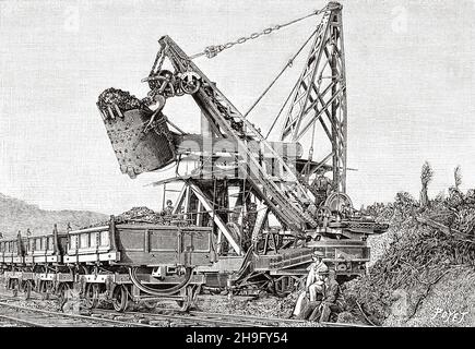 La costruzione del canale di Panama. L'escavatore Osgood nella grande trincea di la Culebra. Antica illustrazione del 19 ° secolo inciso da la Nature 1885 Foto Stock