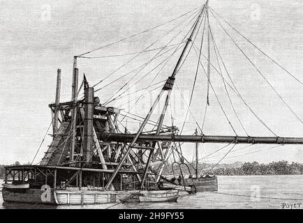 La costruzione del canale di Panama. Il grande trascinamento in Gatun. Antica illustrazione del 19 ° secolo inciso da la Nature 1885 Foto Stock