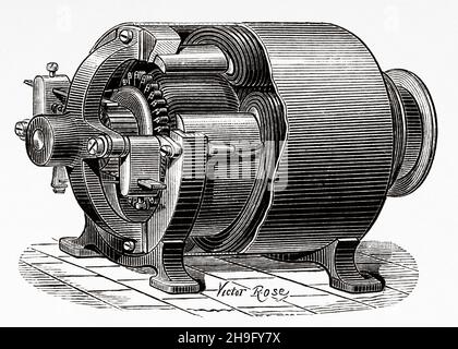 Motore cilindrico 1881 di Zénobe Théophile Gram (1826-1901) ingegnere elettrico belga. Invenzioni del XIX secolo. Antica illustrazione del 19 ° secolo inciso da la Nature 1885 Foto Stock