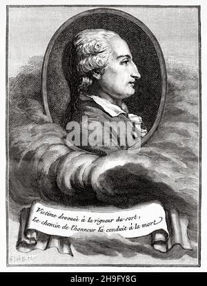 Jean-Francois Pilatre de Rozier (1754-1785) è stato un insegnante francese di chimica e fisica e uno dei primi pionieri dell'aviazione. Egli e Francois Laurent d'Arlandes hanno fatto il primo volo in mongolfiera con equipaggio libero il 21 novembre 1783, in un mongolfiera di Montgolfier, Francia. Antica illustrazione del 19 ° secolo inciso da la Nature 1885 Foto Stock