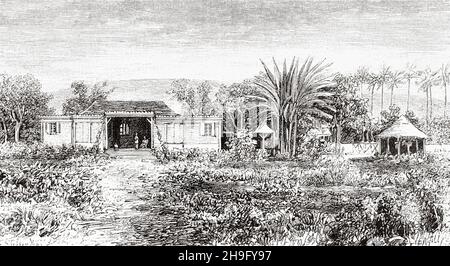 Residenza francese sull'isola di Reunion di proprietà di Credit Foncier. Antica illustrazione del 19 ° secolo inciso da la Nature 1885 Foto Stock