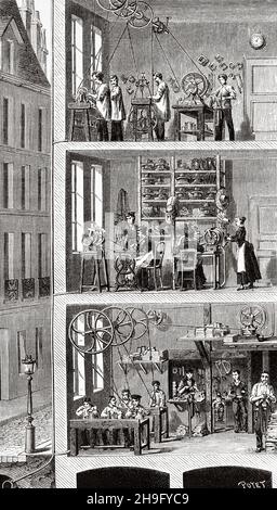 Sezione trasversale di una casa in via Beaubourg che mostra l'uso della forza meccanica, Parigi. Francia. Antica illustrazione del 19 ° secolo inciso da la Nature 1885 Foto Stock