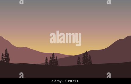 Vista realistica della foresta di montagne dal sobborgo al crepuscolo. Illustrazione vettoriale di una città Illustrazione Vettoriale