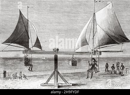 Un Raymond Moulton a vela allegro-go-round a Saint-Malo, Bretagna, Francia. Antica illustrazione del 19 ° secolo inciso da la Nature 1885 Foto Stock