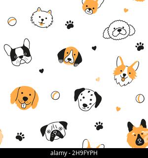 Ripetizione senza giunture delle facce del cane. Teste disegnate a mano di razza di cane differente. Corgi, Beagle, Chihuahua, Pomeranian spitz, Bulldog, Dalmazia. Vettore disegnato a mano Illustrazione Vettoriale