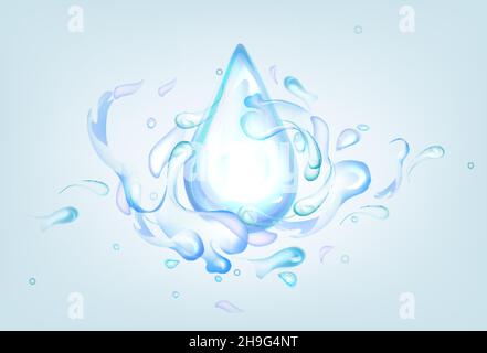 Goccia blu con spruzzi d'acqua. Rappresentazione vettoriale 3d realistica di schizzi di liquidi isolati su sfondo chiaro. Onde liquide con vortici, acqua pura limpida con gocce spray. Idratazione ad. Illustrazione Vettoriale