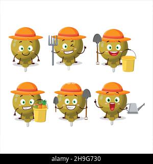 lolipop giallo contadino avvolto simpatico personaggio mascotte con forchetta. Illustrazione vettoriale Illustrazione Vettoriale