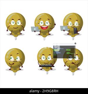 Giallo lolipop avvolto Programmatore simpatico personaggio cartoon con. Illustrazione vettoriale Illustrazione Vettoriale