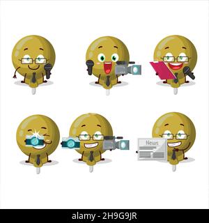 Personaggio reporter giallo lolipop avvolto mascotte carina con microfono. Illustrazione vettoriale Illustrazione Vettoriale