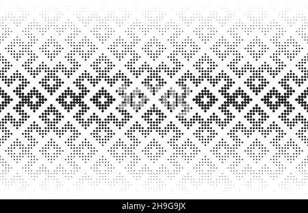 Sfondo vettoriale a mezzitoni senza giunture.riempito con cerchi neri.Dissolvenza centrale. Basato su ornamento tradizionale russo. Illustrazione Vettoriale