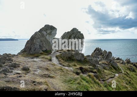 Rocce di craggy Morte Point, Woolacombe, Devon Regno Unito Foto Stock