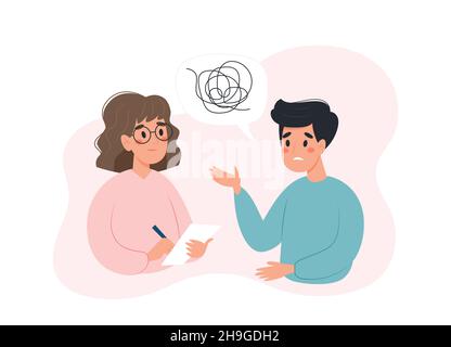 Concetto di salute mentale - uomo che parla con lo psicologo dei suoi problemi. Illustrazione vettoriale in stile piatto Illustrazione Vettoriale