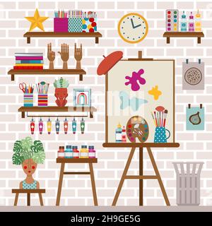 Interno piano della sala da officina Creative Art Studio Illustrazione Vettoriale