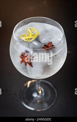 Vetro tonico gin sul banco bar scuro - concetto di mixologia - vista a tre quarti Foto Stock