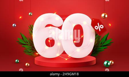 60% di sconto. Sconto composizione creativa. simbolo di vendita 3d con oggetti decorativi. Banner e poster di vendita. Illustrazione vettoriale. Illustrazione Vettoriale