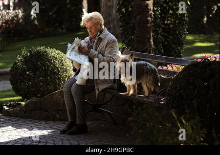 Merano, Kurstadt, Kurhaus, Hund, Alte Frau oder Kurgast liest Zeitung auf einer Bank, Merano, Südtirol, Dolomiten, Italien Foto Stock