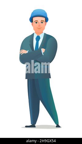 Uomo ingegnere in tuta e casco protettivo. Addetto all'ufficio in cantiere. Persona allegra. Posa in piedi. Stile fumetto fumetto a carattere singolo Illustrazione Vettoriale