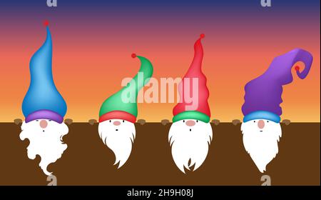 Set di Natale Gnome, Scandinavo Nordic Gnome, Natale carino Santa Gnome Elf. Illustrazione vettoriale isolata su sfondo colorato. Elementi xmas Illustrazione Vettoriale