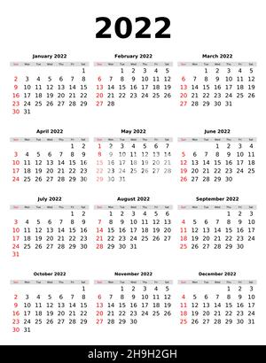 Calendario vettoriale 2022 per la pianificazione. Design e template con settimane Illustrazione Vettoriale