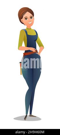 Donna in tute. Ragazza di servizio. Uomo di mano, fabbro o riparatore. Persona allegra. Posa in piedi. Stile fumetto cartoon design piatto. Carattere singolo Illustrazione Vettoriale