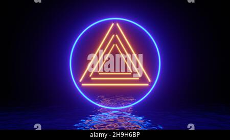 Triangolo al neon incandescente con riflessi sulla superficie dell'acqua. Sfondo astratto, onde, ultravioletti, colori vibranti spettro, spettacolo laser. rendering 3d illus Foto Stock
