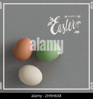 Biglietto di auguri pasquale con uova color pastello e buon testo pasquale Foto Stock