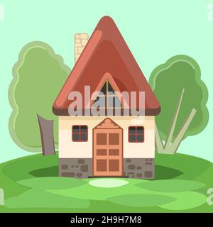 Piccola casa di campagna con pareti arancioni e tetti rossi. Divertente stile cartoon. Paese suburbano villaggio. Architettura tradizionale semplice. Illustrazione di Illustrazione Vettoriale