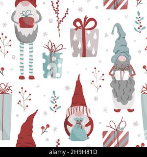 Modello di Natale con gnomi scandinavi, regali, e rami di albero di Natale isolato su sfondo bianco. Illustrazione vettoriale disegnata a mano per l'avvolgimento Illustrazione Vettoriale