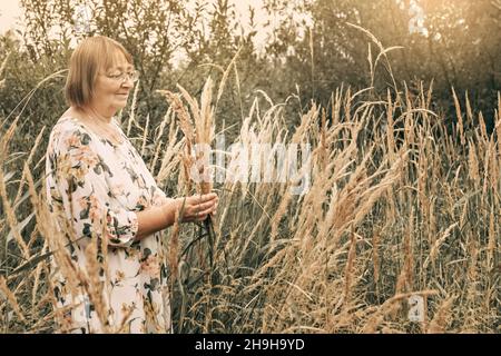 Donna anziana in erba alta con guglie. Autunno. Foto Stock