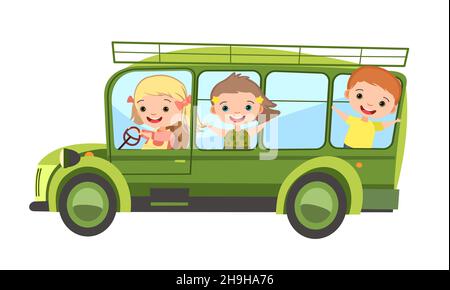 Autobus turistico. I bambini guidano un'automobile verde multi-sedile. Veicolo giocattolo. Auto con motore. Auto passeggero. Fuoristrada. Isolato su sfondo bianco. Vettore Illustrazione Vettoriale