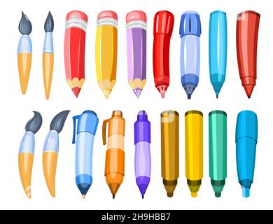 Oggetti di cancelleria disposti isolati su sfondo bianco. Un vasto assortimento. Pennelli e matite in stile cartoon. Pennarelli e penne a sfera. Design grazioso Illustrazione Vettoriale