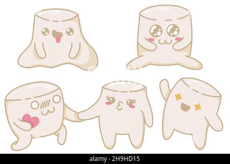 Un set di simpatici marshmallows kawaii con diverse emozioni in stile anime. Kawaii Marshmallow caratteri in uno stile piatto, a mano-disegnato cartoline a. Illustrazione Vettoriale