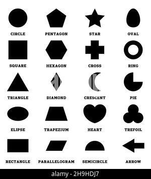 2D black shapes set with vocabulary in english with their name. Clip art collection for child learning, geometric shapes flash card of preschool kids, Illustrazione Vettoriale