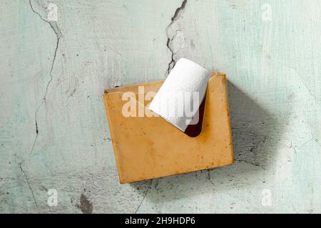 Rotolo di carta igienica poco costosa su un supporto su una parete di cemento verniciata sbucciata incrinata Foto Stock