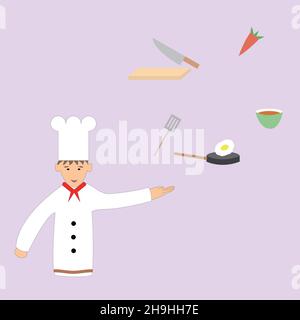 Carattere dello chef e vari utensili e ingredienti da cucina Illustrazione Vettoriale