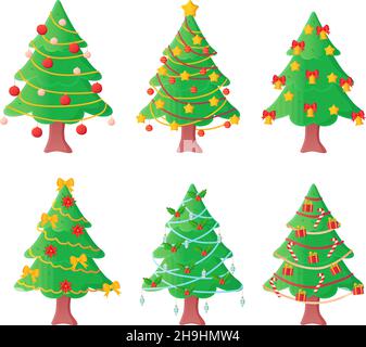 Set di graziosi alberi di natale decorato palle e ghirlande in stile cartone animato. Illustrazione Vettoriale