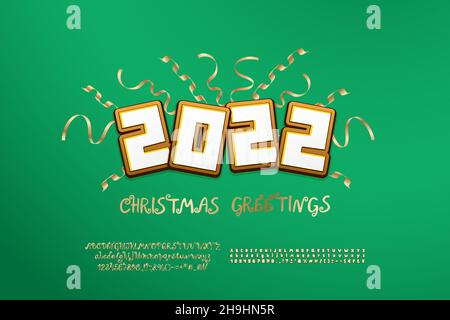 Poster trendy buon Natale con data cartoon calendario, serpentina d'oro e carattere curly su sfondo verde. Sono inclusi due set di font vettoriali Illustrazione Vettoriale