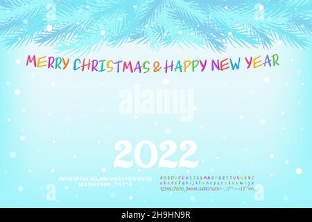 Simpatico poster decorativo buon Natale e felice anno nuovo con rami di pino blu e lettere multicolore su sfondo azzurro. Due font vettoriali se Illustrazione Vettoriale