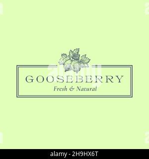 Logo, simbolo o modello di logotipo di un vettore di abstract gooseberry. Disegno a mano di Berries Sillhouette Sketch con elegante tipografia retrò e cornice. Vintage Illustrazione Vettoriale